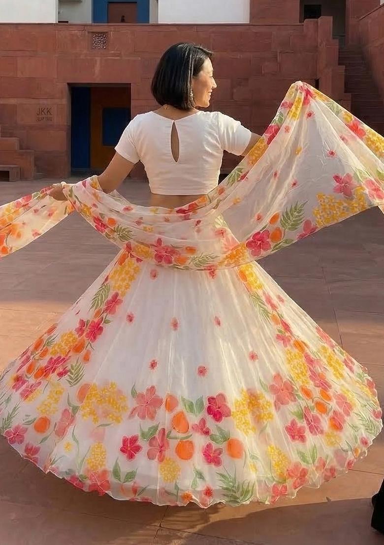 White Printed Silk Lehenga Set - Indya