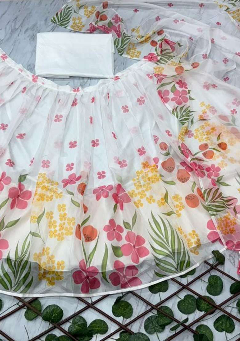 White Printed Silk Lehenga Set for Diwali and Festive Wear - Indya