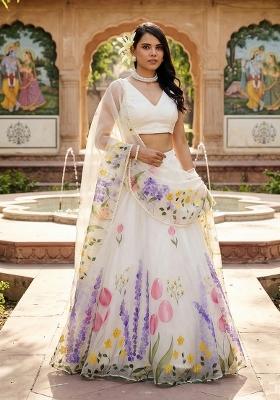 White Printed Silk Lehenga Set