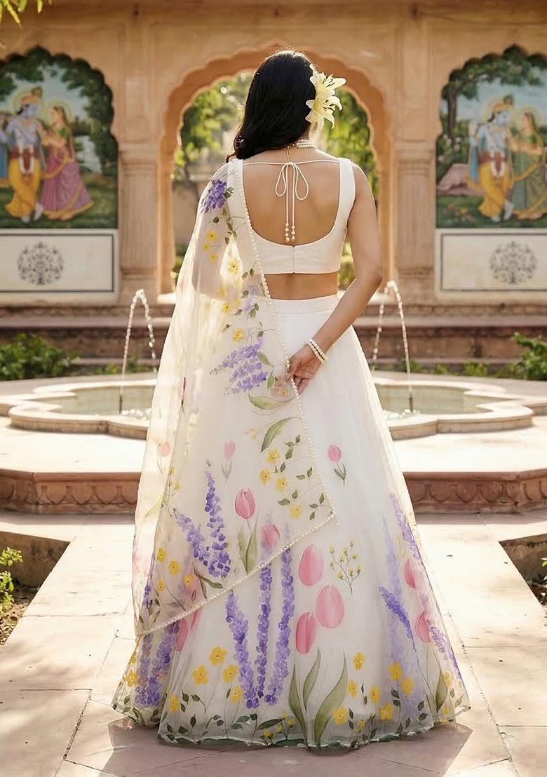 White Printed Silk Lehenga Set - Indya