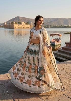White Printed Silk Lehenga Set