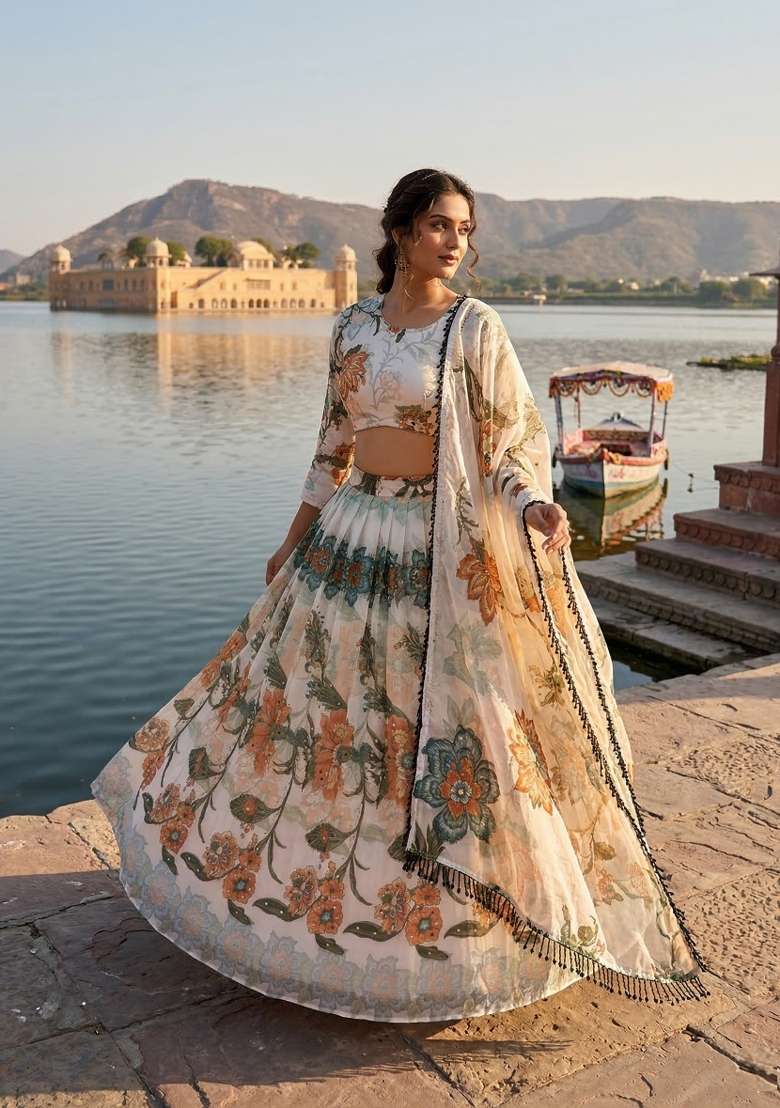 White Printed Silk Lehenga Set for Diwali and Festive Wear - Indya