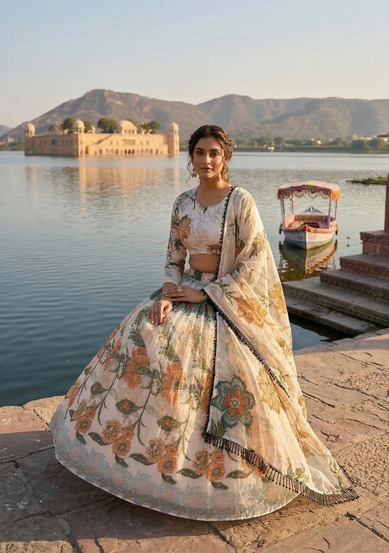 White Printed Silk Lehenga Set - Indya
