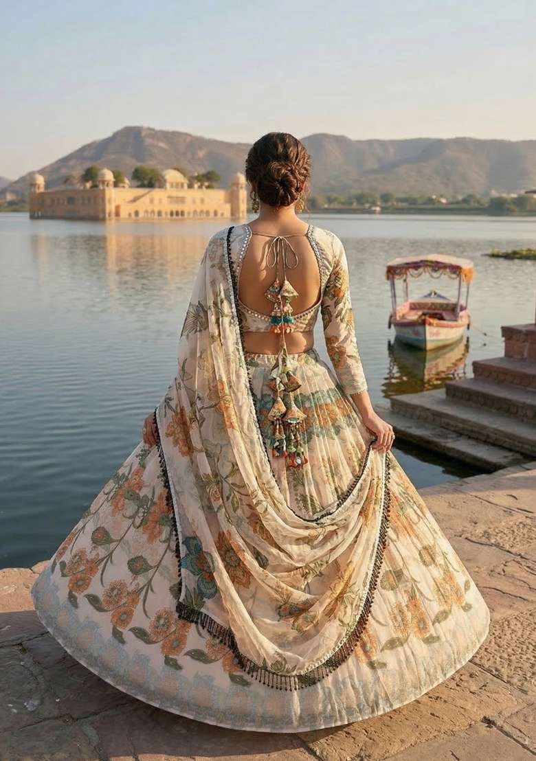 White Printed Silk Lehenga Set for Diwali and Festive Wear - Indya