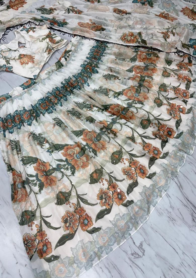White Printed Silk Lehenga Set - Indya