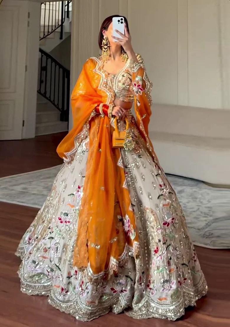 Multicolor Embroidered Silk Lehenga Set - Indya