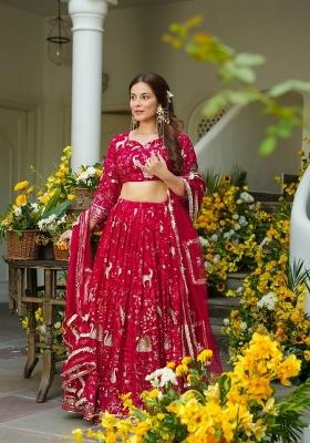 Red Embroidered Georgette Lehenga Set