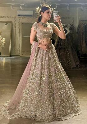 Peach Embroidered Georgette Lehenga Set