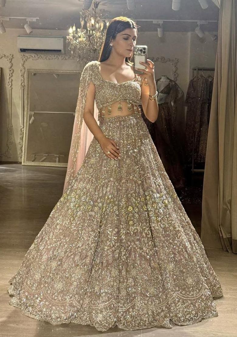 Peach Embroidered Georgette Lehenga Set - Indya