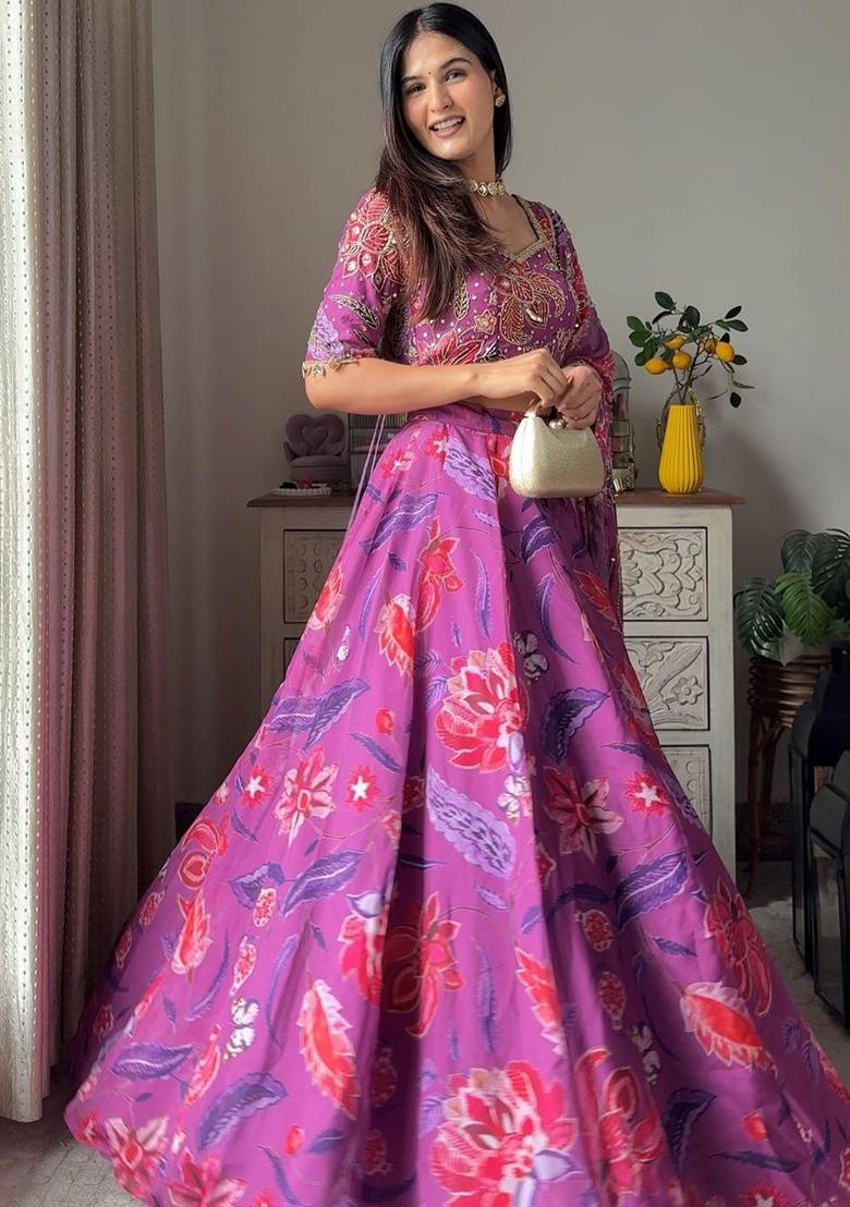 Wine Floral Print Georgette Lehenga Set - Indya