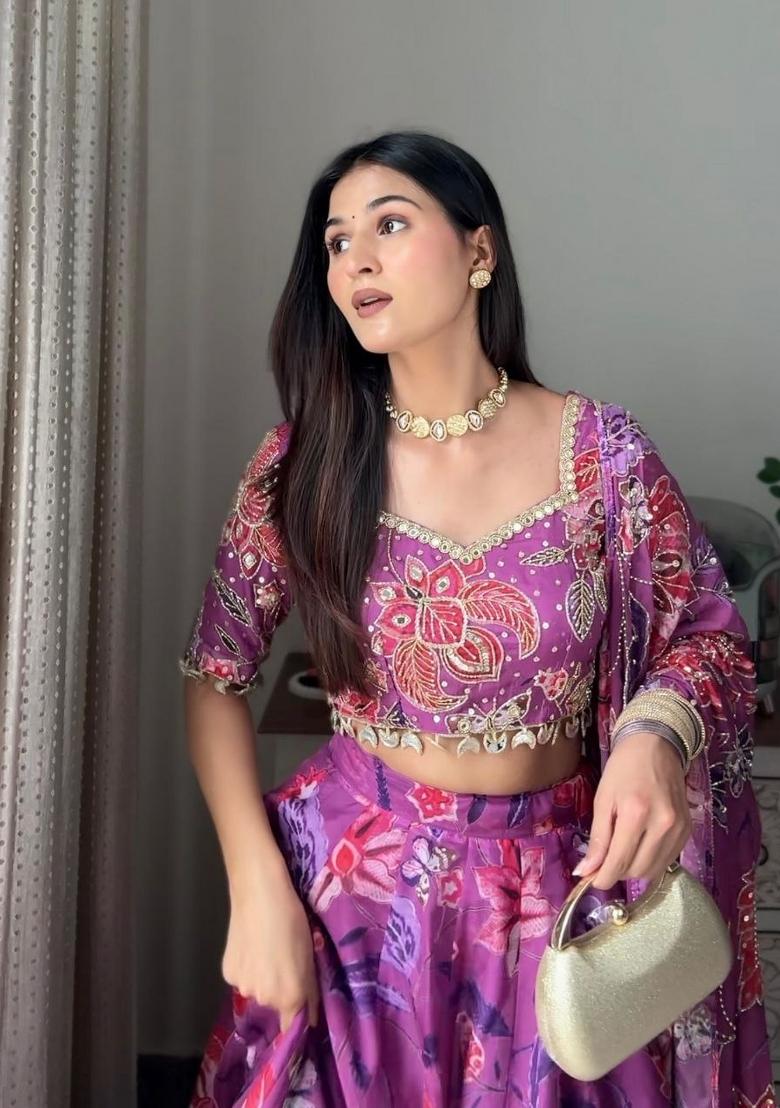 Wine Floral Print Georgette Lehenga Set - Indya