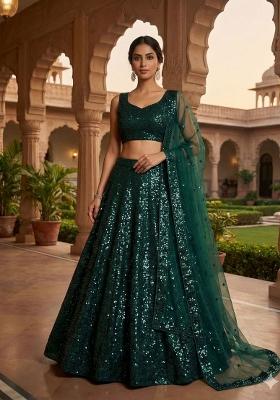 Green Sequin Work Satin Lehenga Set