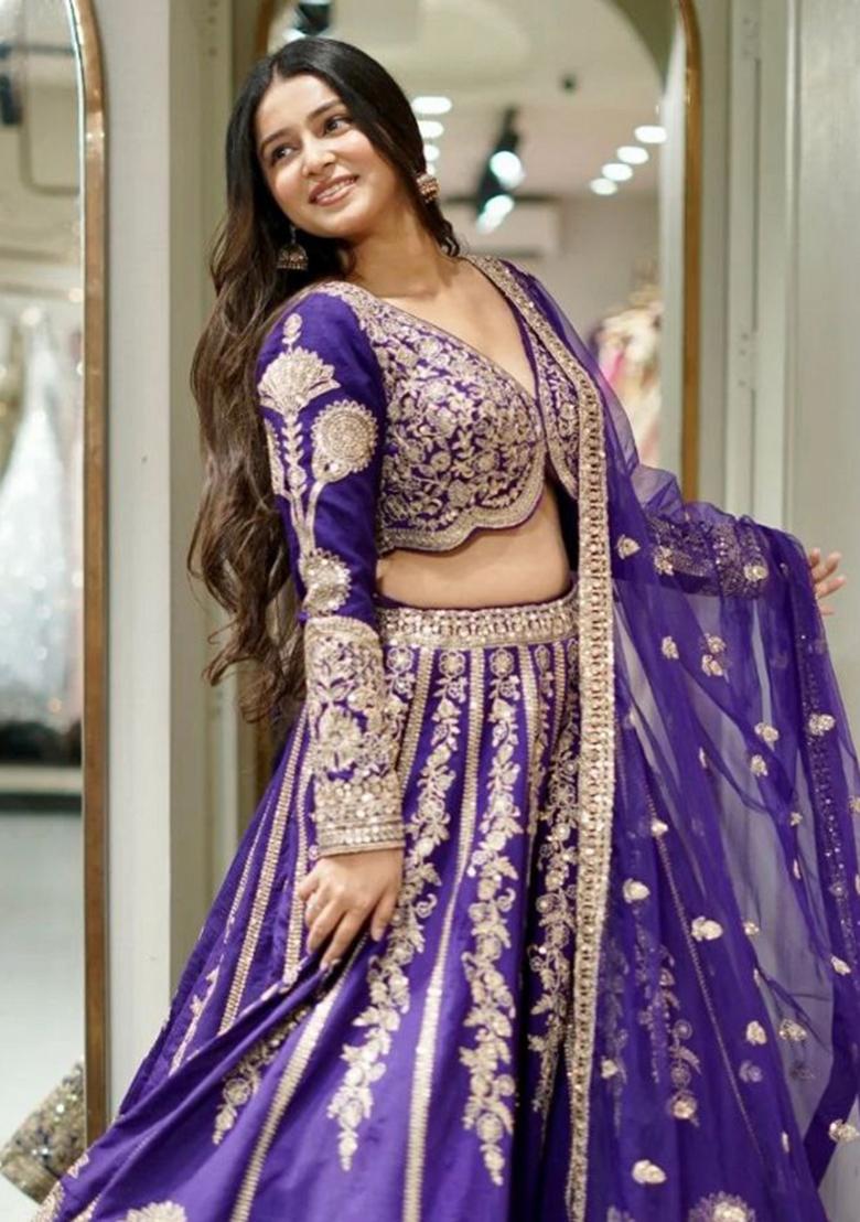 Royal Blue Embroidered Silk Lehenga Set - Indya