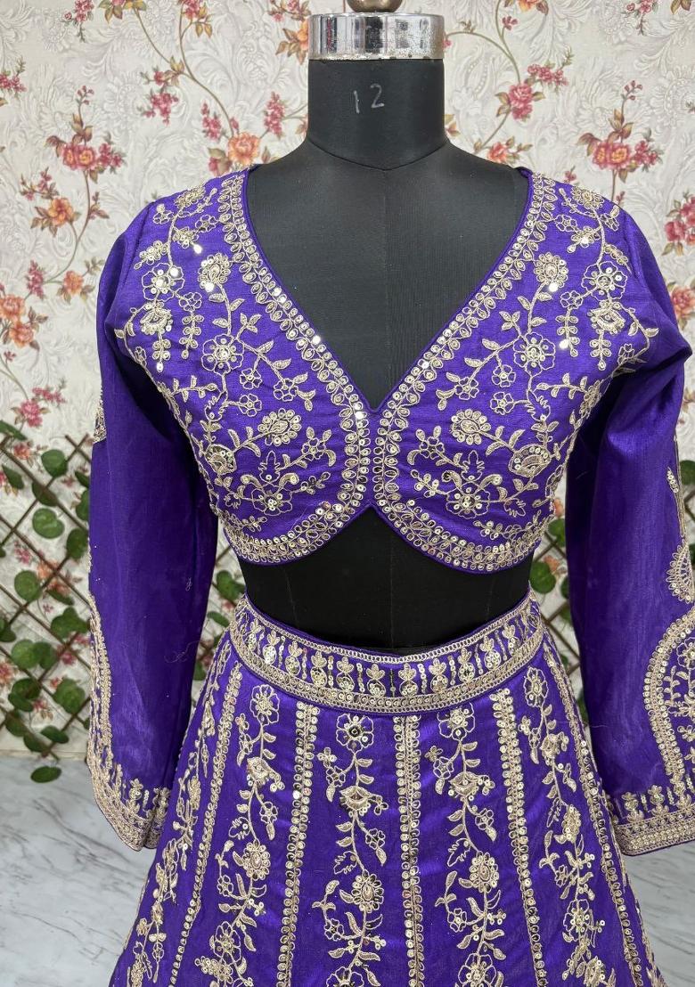 Royal Blue Embroidered Silk Lehenga Set - Indya