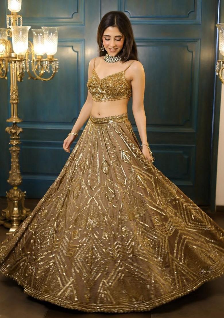 Golden Embroidered Net Lehenga Set - Indya