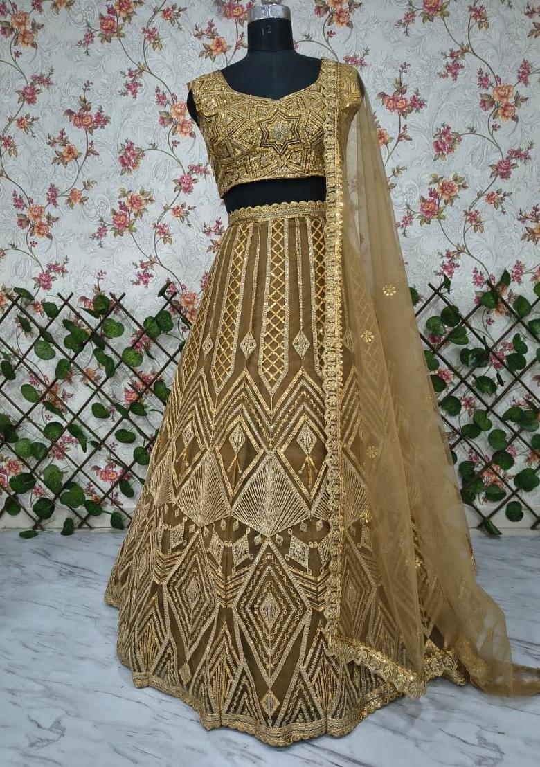 Golden Embroidered Net Lehenga Set - Indya