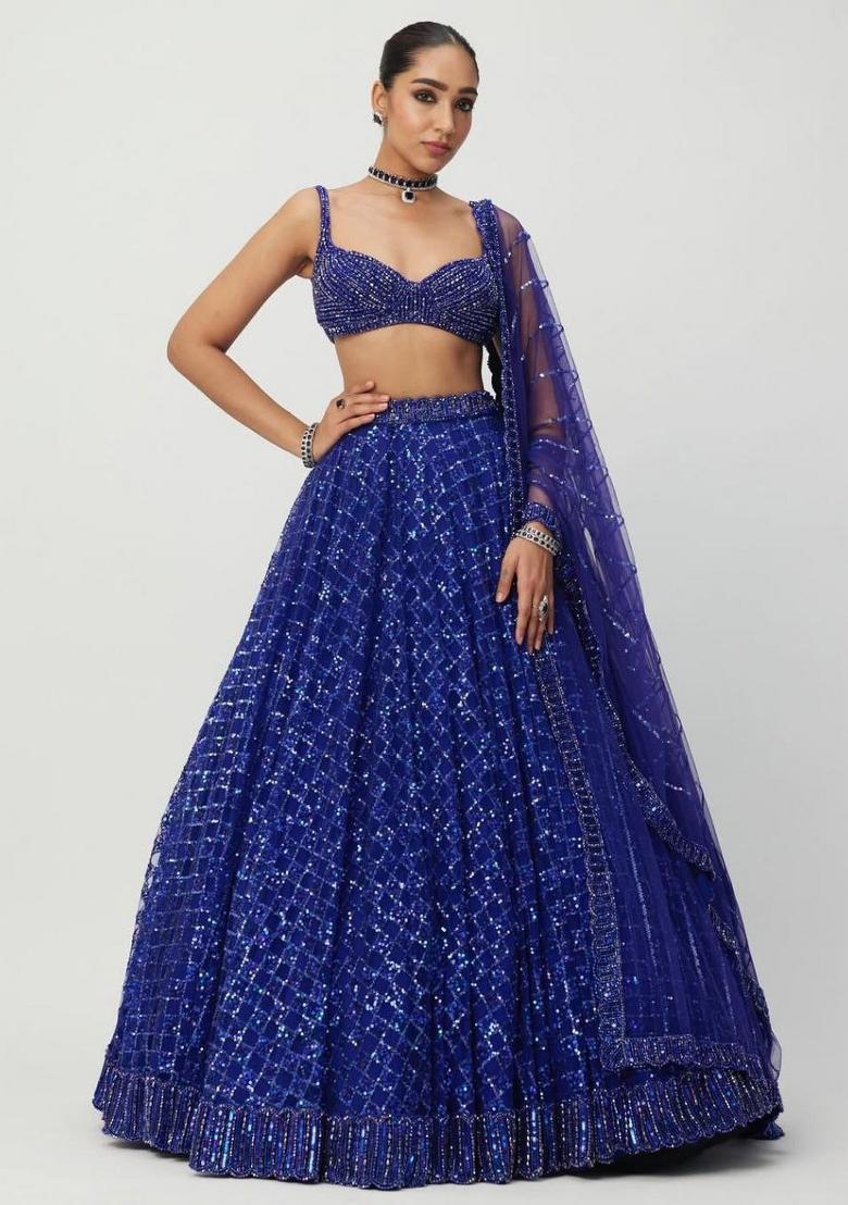 Royal Blue Sequin Work Net Lehenga Set - Indya