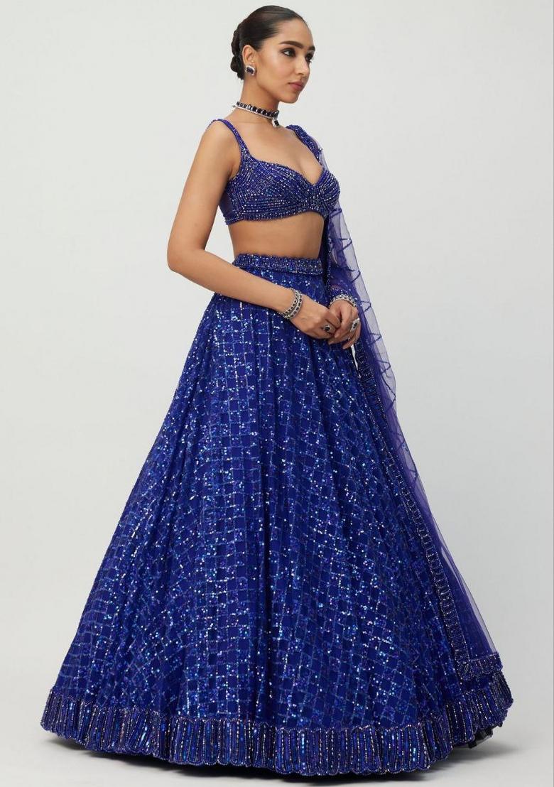 Royal Blue Sequin Work Net Lehenga Set - Indya