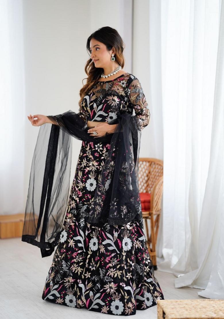 Black Embroidered Net Lehenga Set - Indya