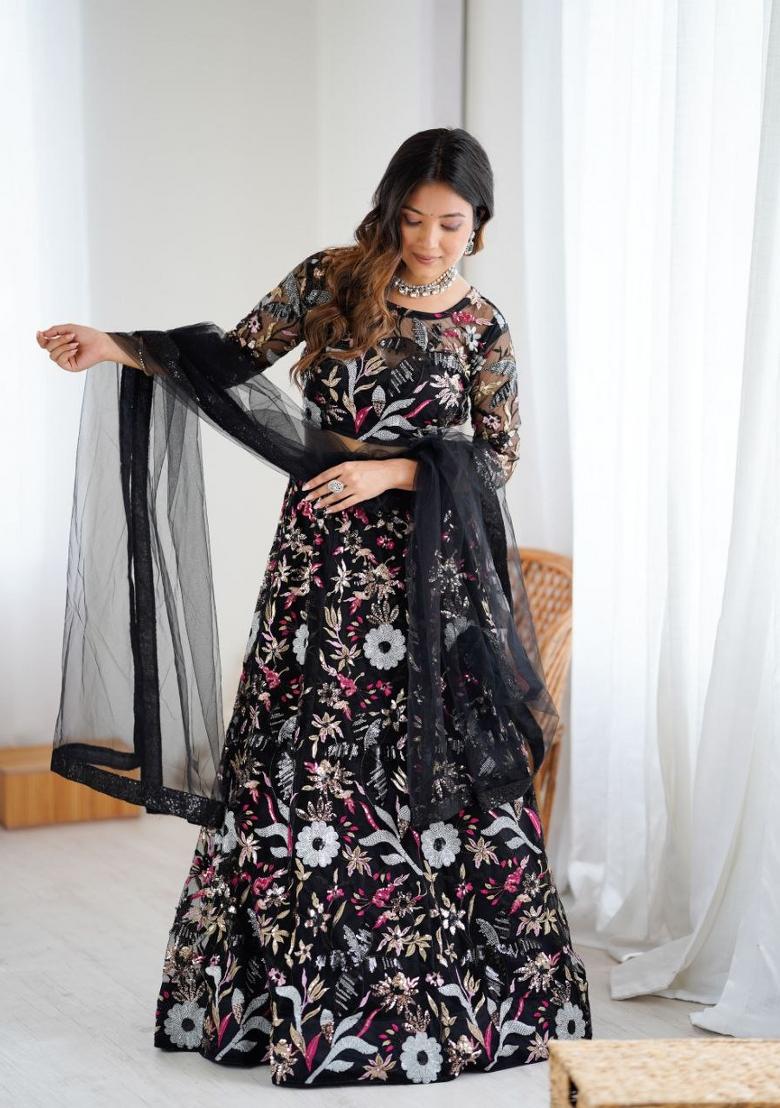 Black Embroidered Net Lehenga Set - Indya