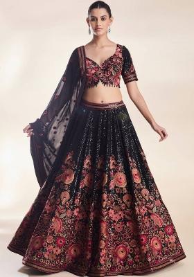 Black Embroidered Georgette Lehenga Set