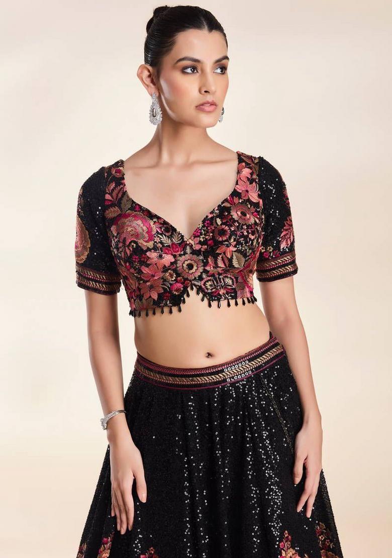 Black Embroidered Georgette Lehenga Set - Indya