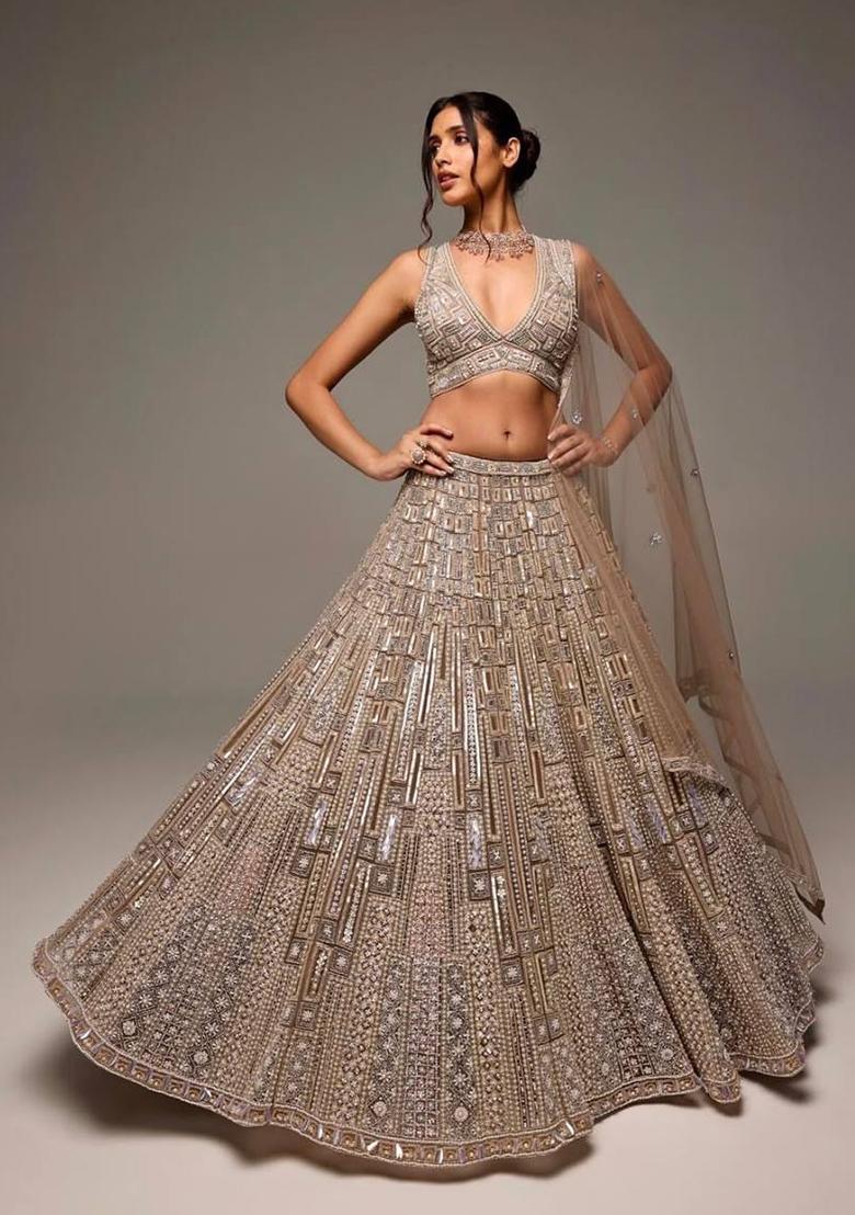 Peach Sequin Work Georgette Lehenga Set - Indya