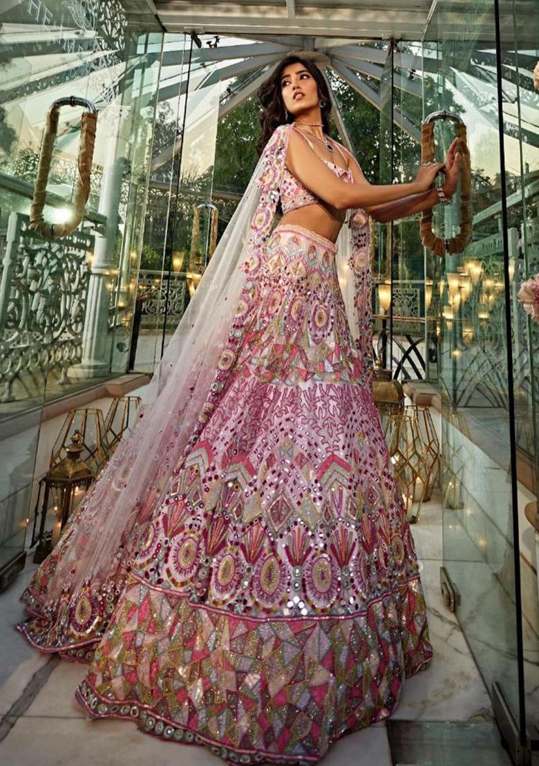 Multicolor Embroidered Georgette Lehenga Set - Indya