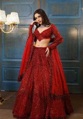 Red Embroidered Satin Lehenga Set