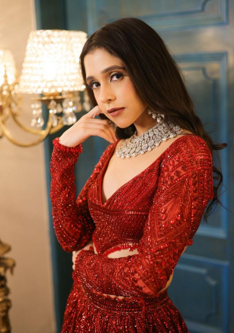 Red Embroidered Satin Lehenga Set - Indya