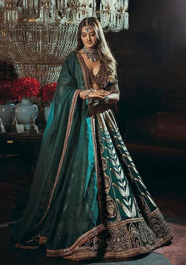 Green Zari Work Satin Lehenga Set - Indya