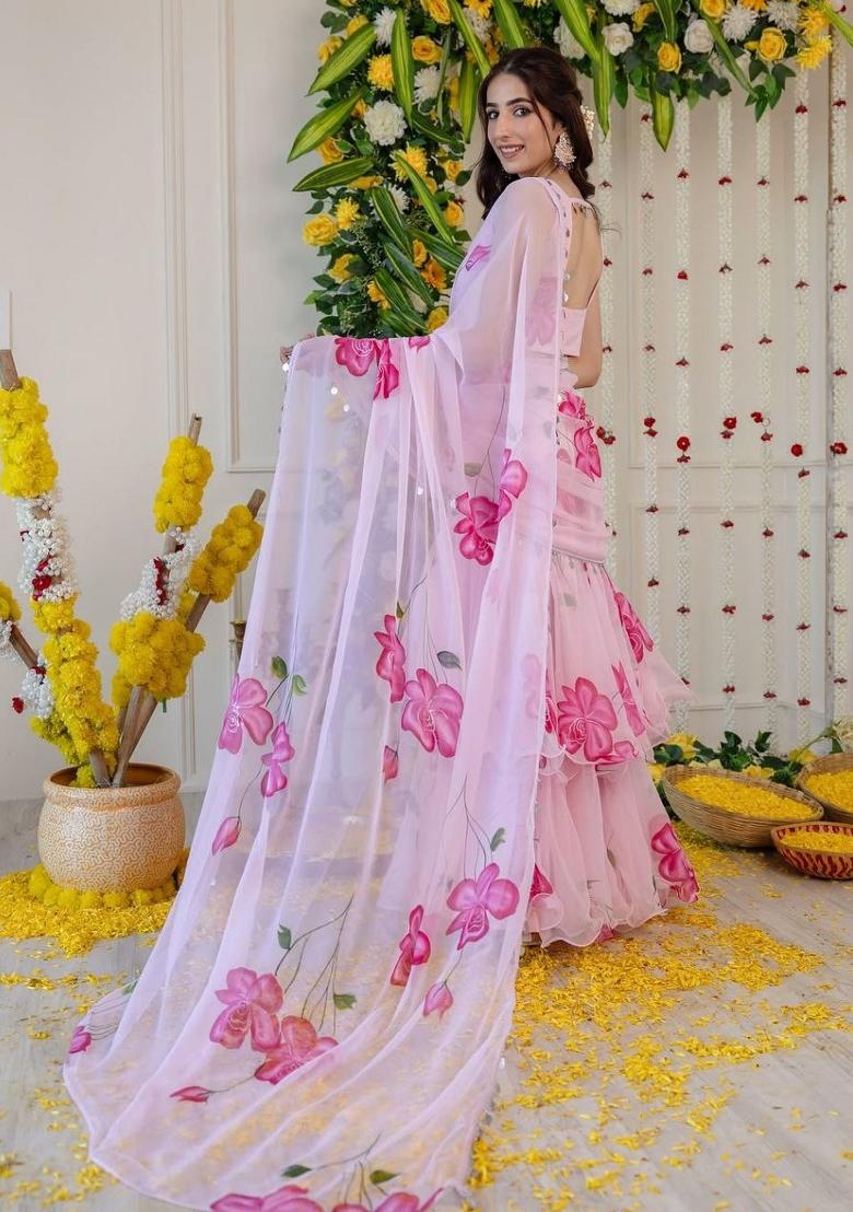 Pink Printed Georgette Lehenga Set - Indya
