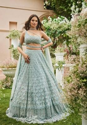 Teal Embroidered Net Lehenga Set
