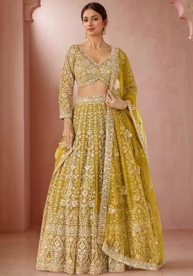 Yellow Embroidered Net Lehenga Set