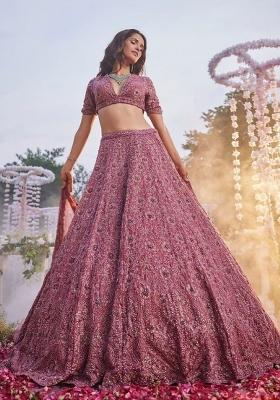 Pink Embroidered Chinon Lehenga Set