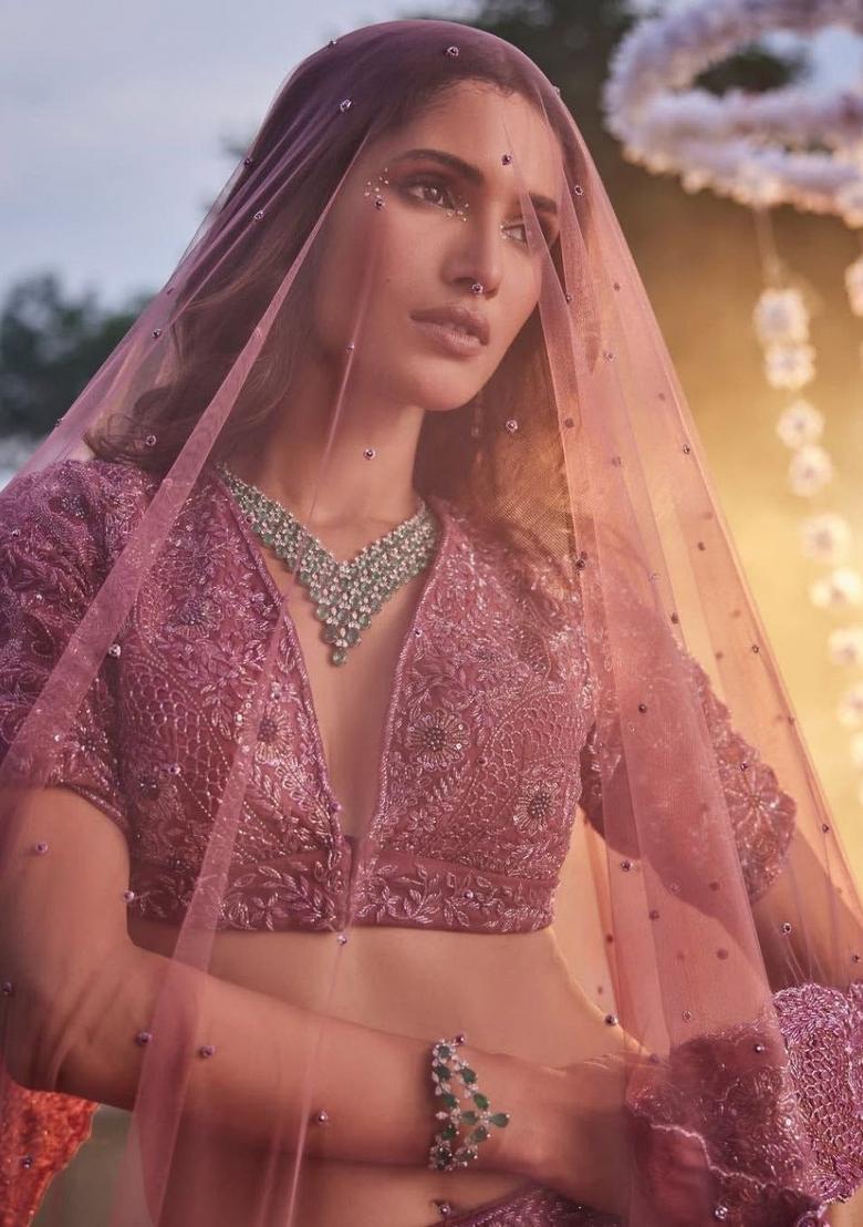 Pink Embroidered Chinon Lehenga Set - Indya