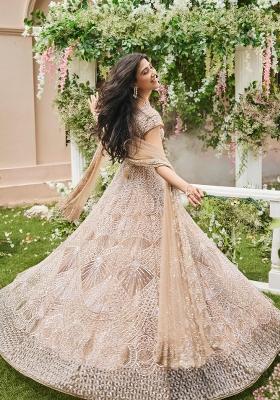 Peach Sequin Work Net Lehenga Set