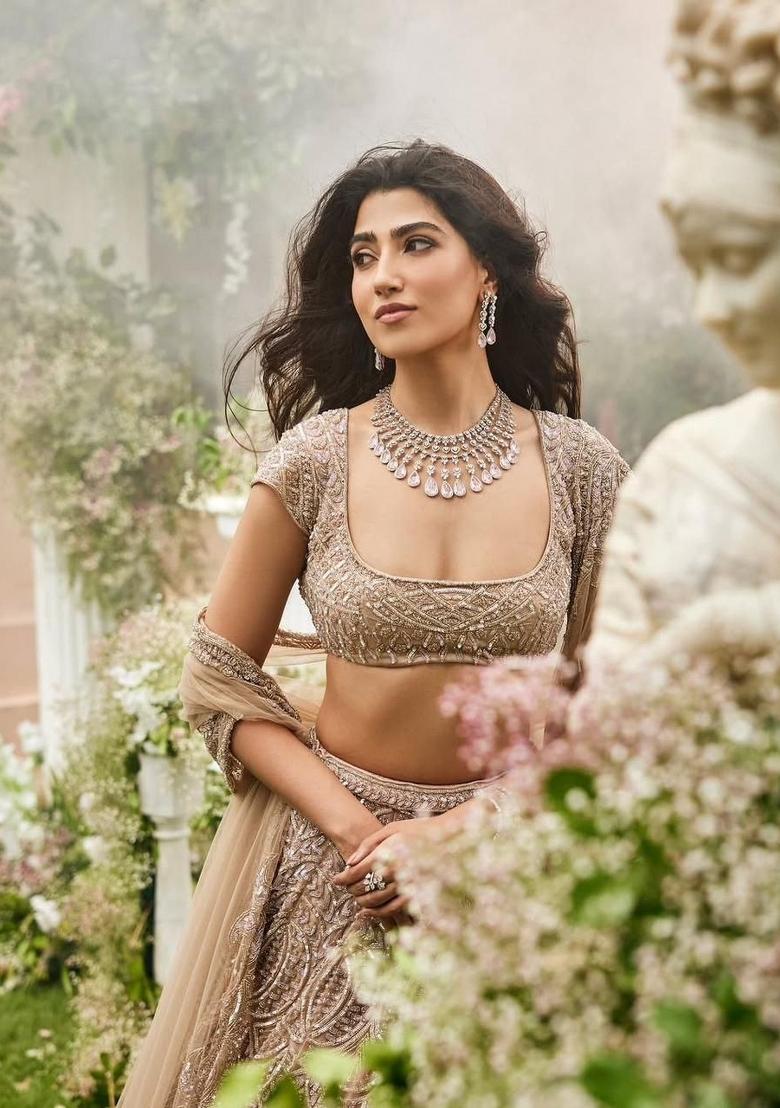 Peach Sequin Work Net Lehenga Set - Indya