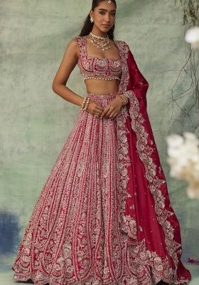 Red Embroidered Silk Lehenga Set