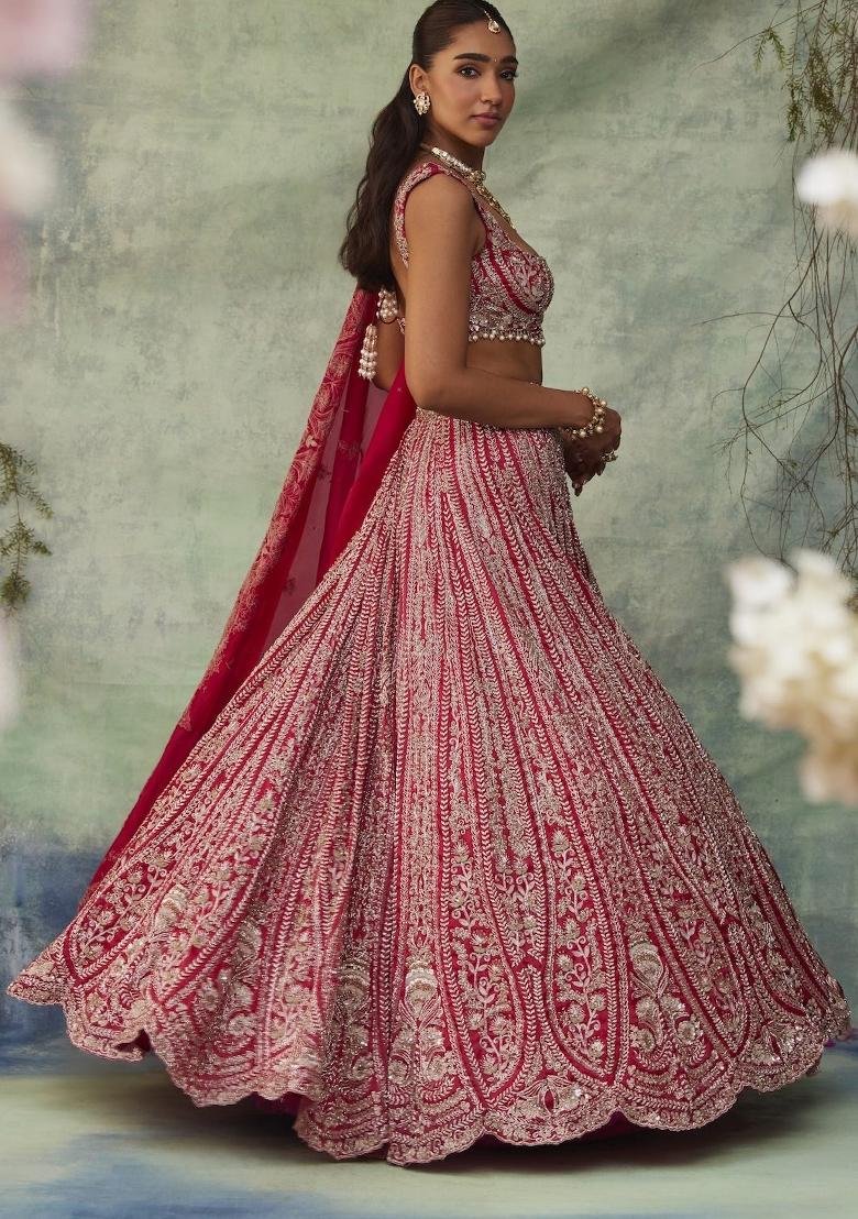 Red Embroidered Silk Lehenga Set - Indya