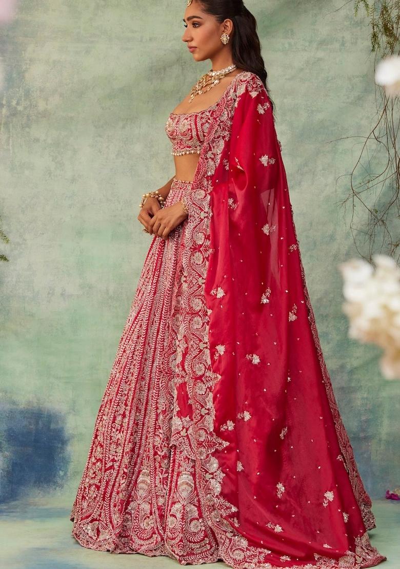 Red Embroidered Silk Lehenga Set - Indya