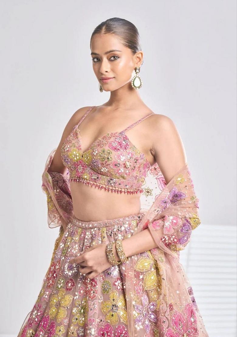 Light Pink Embroidered Georgette Lehenga Set - Indya