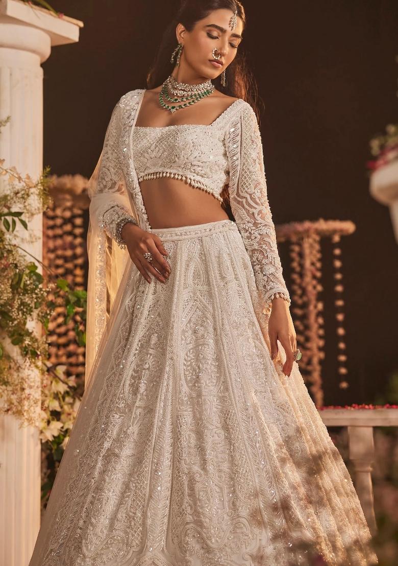White Embroidered Net Lehenga Set - Indya