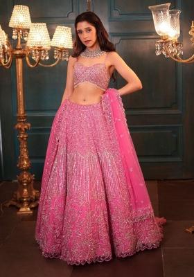 Pink Sequin Work Net Lehenga Set