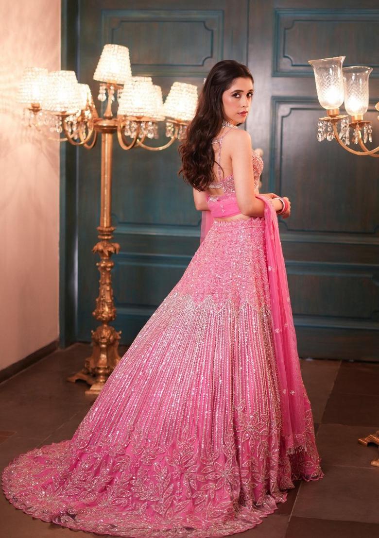 Pink Sequin Work Net Lehenga Set - Indya