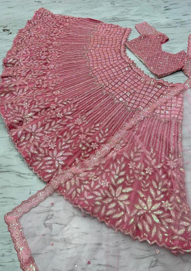 Pink Sequin Work Net Lehenga Set - Indya