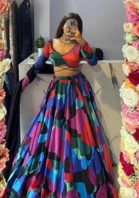 Multicolor Printed Chinon Lehenga Set