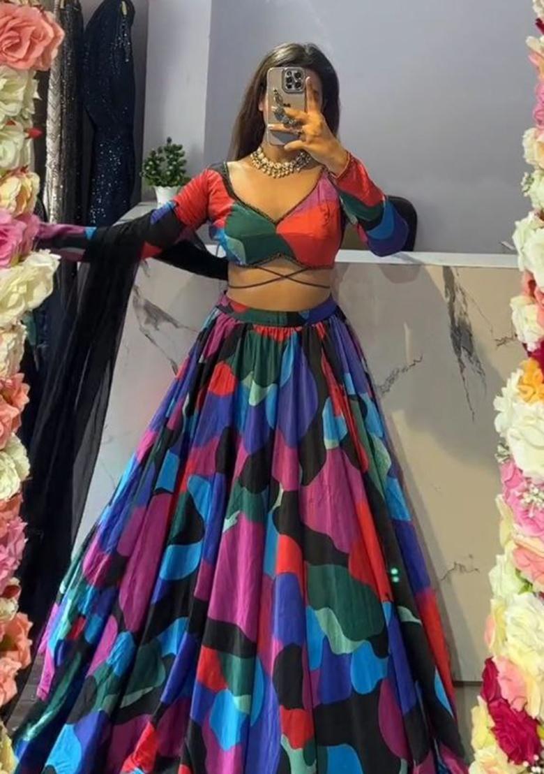 Multicolor Printed Chinon Lehenga Set - Indya