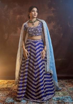 Blue Embroidered Chinon Lehenga Set