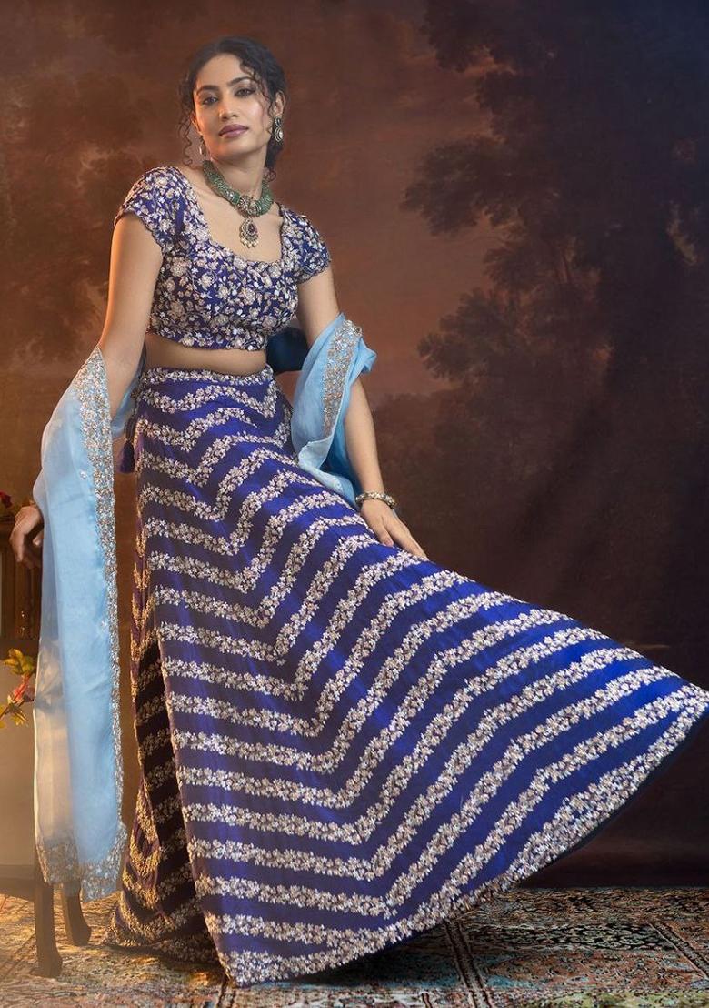 Blue Embroidered Chinon Lehenga Set - Indya